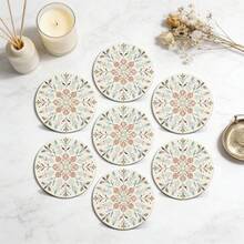 6pcs/Set Bohemian Floral Pattern Round Wooden Coasters, Decorative Drink Coasters For Beverages, Wine And Beer, Home And Party Decor, Great Housewarming Gift, Coffee Table Decoration | Bohemian Style | Wooden Coasters, Available In 1 Set, 2 Sets Or 3 Sets - White - View 7