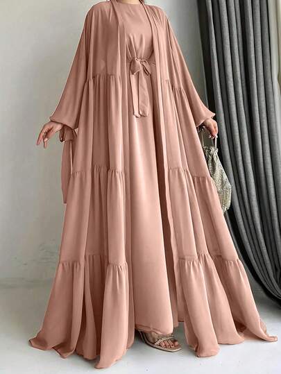 Women's Solid Color Lantern Sleeve Long Robe And Loose Casual Arabic Dress Set