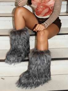 Women's Faux Fur Boot Furry Fluffy Round Toe Suede Winter Comfy Plush Warm Short Outdoor Indoor Flat Shoes Mid-Calf Boots Fashion Boots - Màu xám nâng cấp - Xem 3