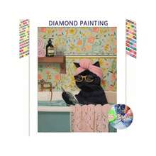 1pc 5D DIY Diamond Painting - "Cute Anthropomorphic Cat Style: Vintage Cozy Bathroom Scene, A Black Cat Wearing A Pink Headband And Black Framed Sunglasses, Relaxing In The Bathtub And Reading A Book" - Large Size Frameless Full Drill Round Acrylic Diamond Art DIY Kit, Suitable For Home And Office Desktop Decor, Tabletop Decor, And Wall Decor, Ideal Home Decor Gift For Living Room, Bedroom, Study - Multicolor - View 3