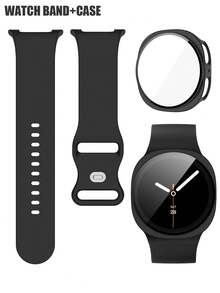 手錶錶帶 + 手錶錶殼套組，相容於 Galaxy Watch 8 40mm 與 44mm。柔軟舒適休閒運動矽膠錶帶，防震耐刮硬 PC 錶殼與鋼化玻璃螢幕保護膜 2 合 1 手錶錶殼。易於佩戴，觸控靈敏。適合男女款智慧手錶錶帶與錶殼。 - 黑色 - 查看 2
