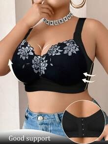 蕾丝拼接性感女士文胸，休闲舒适简约后背设计，加厚女士文胸，大码无钢圈文胸 - 黑色 - 查看 3