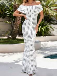 Women Dot Print Long Dress Slim Off Shoulder Ruched Short Sleeve Bodycon Dresses For Evening Party Club - White - View 1