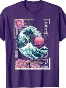 Unisex T-Shirt, Printed Style, Men's And Women's, Large Wave With Cherry Blossoms, Retro Style Shirt, 100% Cotton, Promotion, Free Fast Shipping - Màu tím - Xem 1