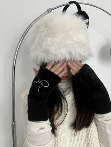 1 Pair Women's Fashion Plush Bow Rhinestone Half Finger Gloves, Versatile Casual Warm Winter Fingerless Gloves For Students, Writing, Office Summer - Multicolor - View 5