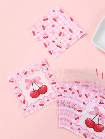 100 piezas Bolsas de regalo con lazo de cereza, autosellantes. Bolsas de regalo pequeñas para fiesta de cumpleaños de niña, decoración para baby shower, bolsas de caramelos para revelación de género, bolsas de galletas, bolsas de dulces para boda y despedida de soltera, bolsas de embalaje de regalos de fiesta rosa, bolsas de porciones para hornear en la cocina, decoración de mesa de fiesta, decoraciones de lazos y cerezas rosas, regalos de cumpleaños, recuerdos de fiesta