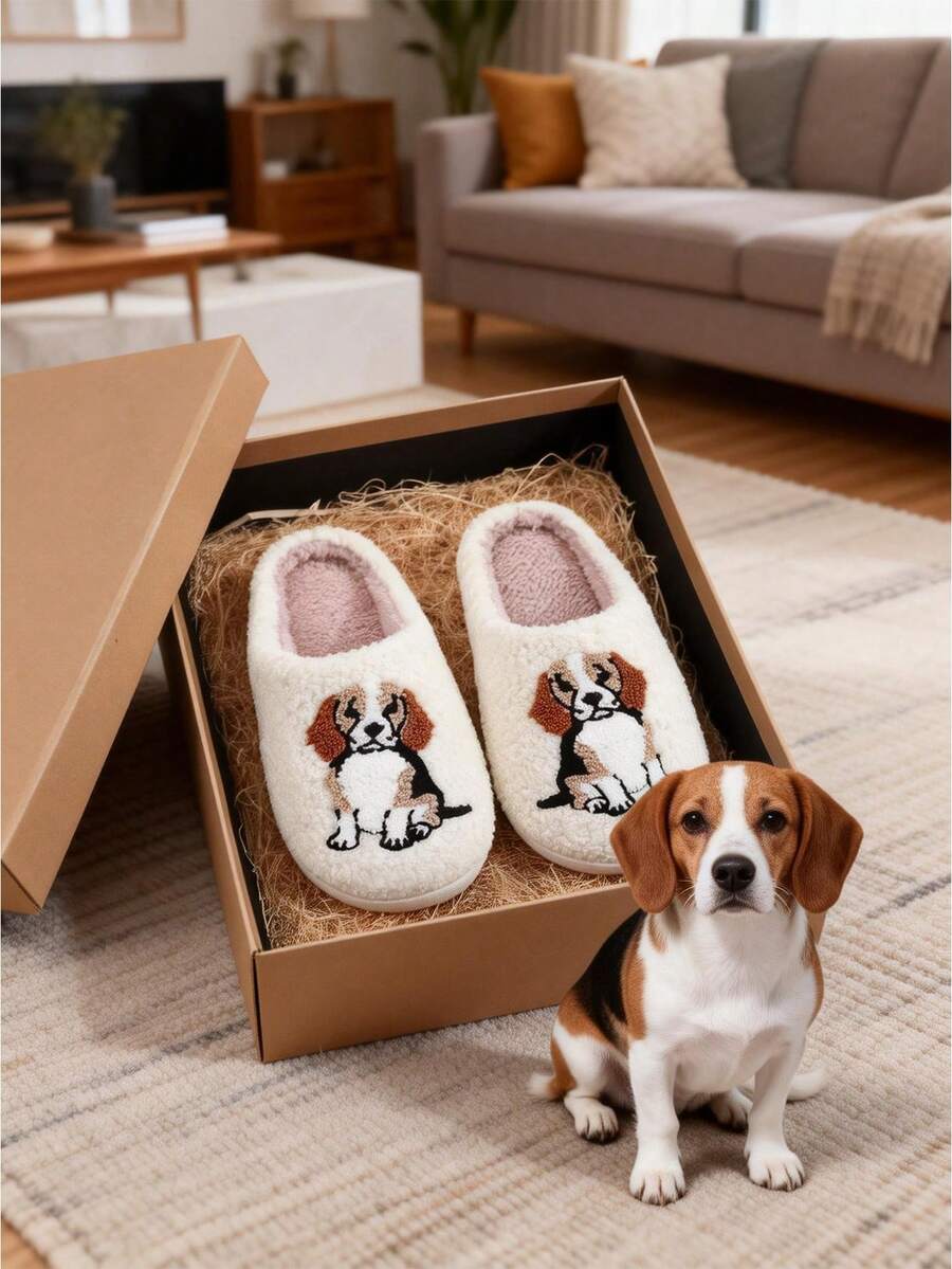 1 Pair Couple's Cute Cartoon Animal (Cat & Dachshund Dog) Decor Fleece-Lined Warm Quiet Non-Slip Couple Home Slippers, Korean Style New Style For Indoor Winter,House Slippers & Couple Slippers,Men' Slippers & Women's Slippers,Cat Slippers & Dog Slippers - Chó săn giày trắng - Xem 1