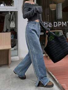 Solid Slit Hem Wide Leg Jeans - Lavagem escura - Visão 4