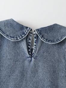 1件装 女童户外休闲日常可爱简约翻领蝴蝶结刺绣无袖牛仔背带裙 - 中等水洗藍 - 查看 4