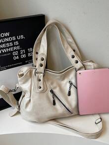 Retro Minimalist Large Capacity Fashion Student/Work Commute Tote Bag - Beige - View 4