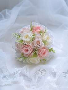 Artificial Rose Bouquet, Forest Style Fake Rose Ball Decorated With Green Leaves And Lace Ribbons, Perfect For Weddings, Engagements, Bridal Bouquets, Valentine's Day, Birthday Gifts, Photography Props, Wedding Decor, And Home Decor. - Multicolor - View 4