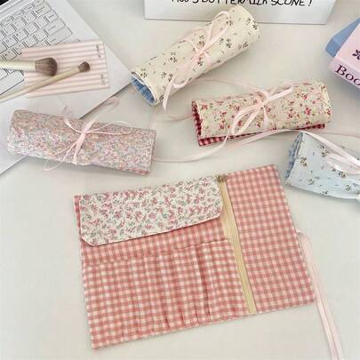 Floral Makeup Brush Storage Bag Cosmetic Toiletry Case Portable Beauty Tools Organizer Wash Storage Pouch Pen Bag Pencil Case,Stationery