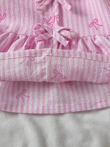 2件套女婴条纹蝴蝶结装饰背心和宽松裤子套装，浅粉色和白色 - 粉色 - 查看 6
