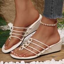 Boho Dressy Cute Clip Toe Sandal Wedge Sandals Women's Gold Strappy Sandals Round Toe Wedding Slides Shoes For Summer Beach - 白色 - 查看 7
