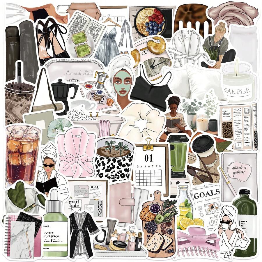 50PCS Cute INS Style Clean Girl Stickers Graffiti Set Fashion Mocha Girl Waterproof DIY Decals For Scrapbooking Phone Luggage Skateboard - Multicolor - View 1