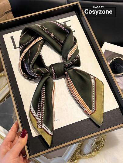 1条优雅链条印花70厘米丝滑小方巾，女士时尚多功能头巾，可作腰带、包包装饰围巾，适合日常佩戴