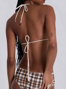 Women's Plaid Bikini Set Cute Swimwear For Summer Beaches Strappy Triangle Bottom Swimsuit Cruise Travel Halter Neck Slimming Swimwear - Cà phê nâu - Xem 5