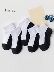 5 pares de calcetines cortos de malla de unicolor para niños, calcetines escolares para niños y niñas, calcetines para niños de color contrastante - Blanco y Negro - Ver 7
