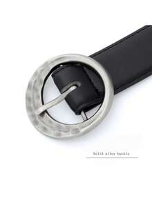 1 Piece, Black Leather Belt With Circular Metal Buckle, Minimalist Distressed Style Unisex Everyday All-Season Belt Accessory. - Multicolor - View 4
