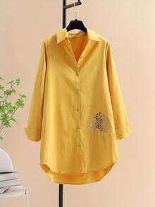 Women Casual Single Breasted Long Sleeve High Low Blouse Spring - Yellow - View 3