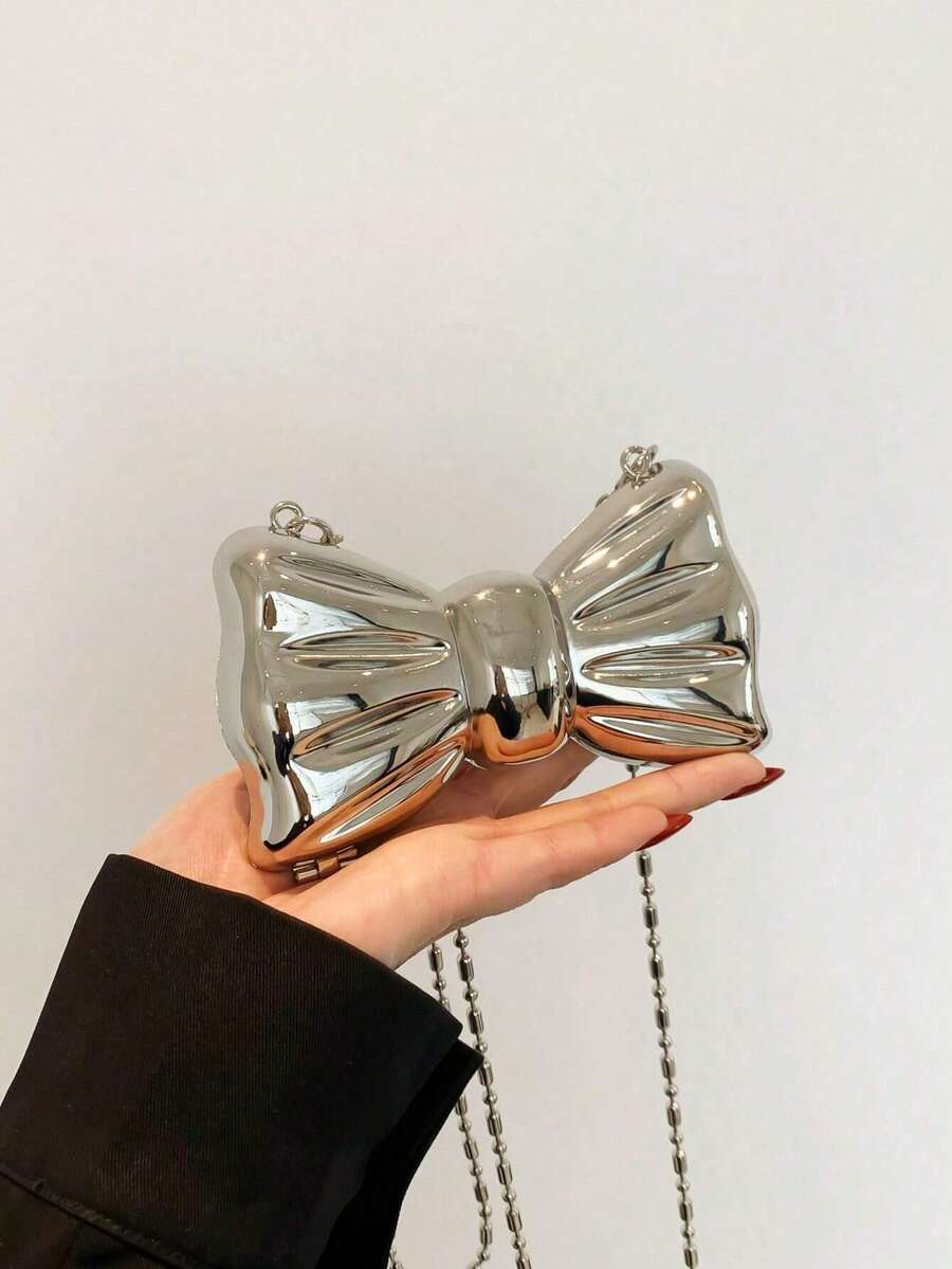 Metal Zinc Alloy Heart-Shaped Mini Evening Bag, Women's Personalized Fashion Chain Lipstick Bag, Suitable For Valentine's Day, Party, Date Use As Shoulder Crossbody Bag, Coin Purse ,Wedding - 銀色 - 查看 1
