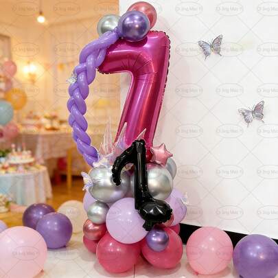 45pcs Cyberpunk Warrior Music Girl Group Theme Party Balloon Set, Includes Silver Butterfly, Colorful Starbursts, Pink Hearts, 32" Magenta Number, Black Music Notes, Suitable For Concert Decor, Holiday Birthday Party, Indoor Decor, Idol Hunter Decor, Ideal Gift For Son/Daughter