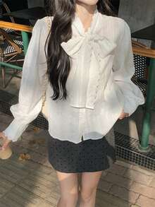 Women's Crochet Bowknot V-Neck Puff Sleeve Blouse Top - White - View 2