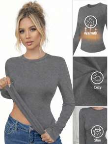 1pc Linen Gray Fitted Crew Neck Long Sleeve Thermal Inner Shirt, Autumn/Winter