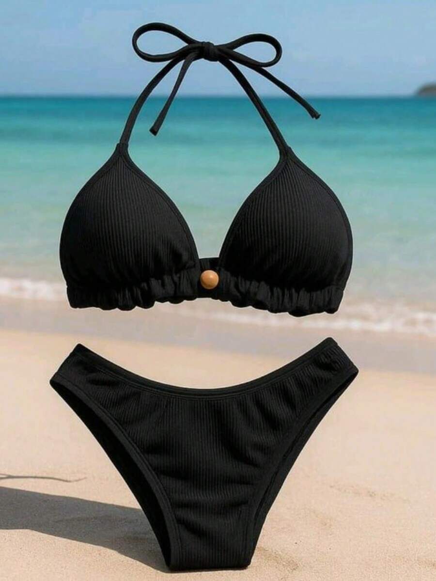 Women's Ribbed Bikini With Padded Cups And Lining - Summer Beachwear - màu đen - Xem 1