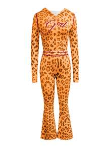 LovelyWholesale Women's Cute Hooded Long Sleeve Letter & Leopard Print Zip-Up Jacket And Flare Pants Set, Spring Break Outfit, Summer Vacation Wear - Orange - View 5