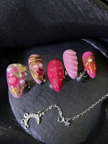 10pcs Valentine's Day Nail Art Set, Includes 3D Pink Almond Nail Stickers, Chrome Powder, Red Nail Stickers, French Nail Stickers, Shiny Rhinestone False Nails, Heart Sequins, Diamond Decorations, Bow Tie, Star Nail Jewelry, Nail Gems, With Nail Tools (1 Jelly Sticker + 1 Nail File), Suitable For Party, Valentine's Day, Wedding, Casual And Daily Wear - Multicolor - View 4