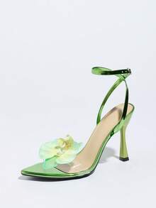 女士优雅兰花装饰交叉绑带金属质感闪亮亮绿色露趾高跟凉鞋，时尚尖头细高跟鞋，适合派对、婚礼、舞台表演，也适合情人节、母亲节、妇女节、新年、夏季穿搭。 - 綠色 - 查看 4