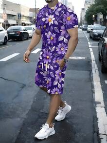 Two-Piece Men's Summer Vacation/Outing Set In A Purple Floral Knit Fabric, Featuring A Full And Soft Texture And Short-Sleeved Beach Shorts. - 彩色 - 查看 1