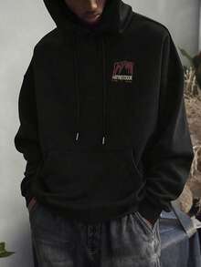 Camvyn Men's Letter Print Long Sleeve Pocket Drawstring Hoodie Sweatshirt, Casual For Autumn/Winter - Black - View 2