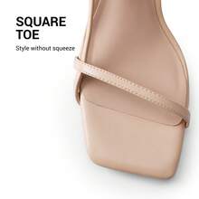 Women Kitten Low Heel Sandals Square Open Toe Ankle Strap Party Wedding Dressy Heeled Sandals - Nude - View 8