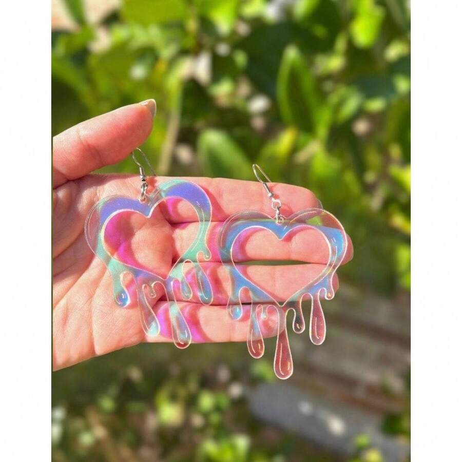 Colorful Love Earrings Valentine's Day Gradual Change Earrings Fashionable Sweet Acrylic Earrings--Please Remove The Protective Film Before Wearing - 炫彩 - 查看 1