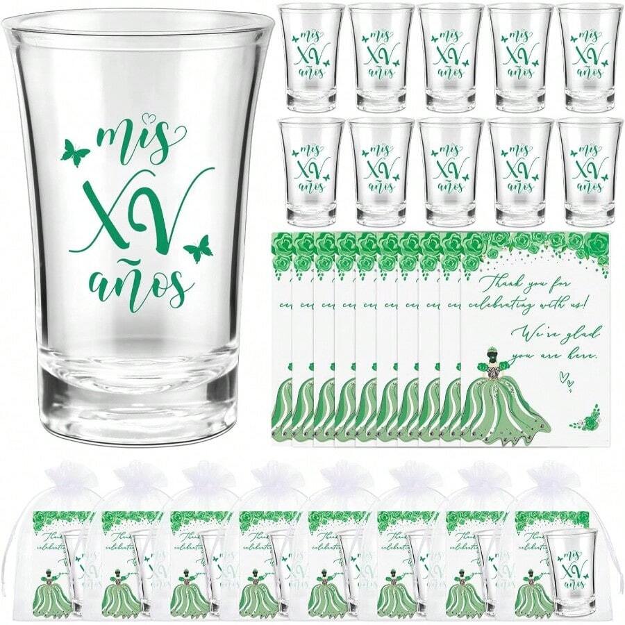 Quinceanera Party Favors Guests Quinceanera Acrylic Shot Glasses Thank You Cards With Organza Bags Mis Quince Anos Sweet 15 Birthday Party FavorsRed - 綠色 + 50 - 查看 1