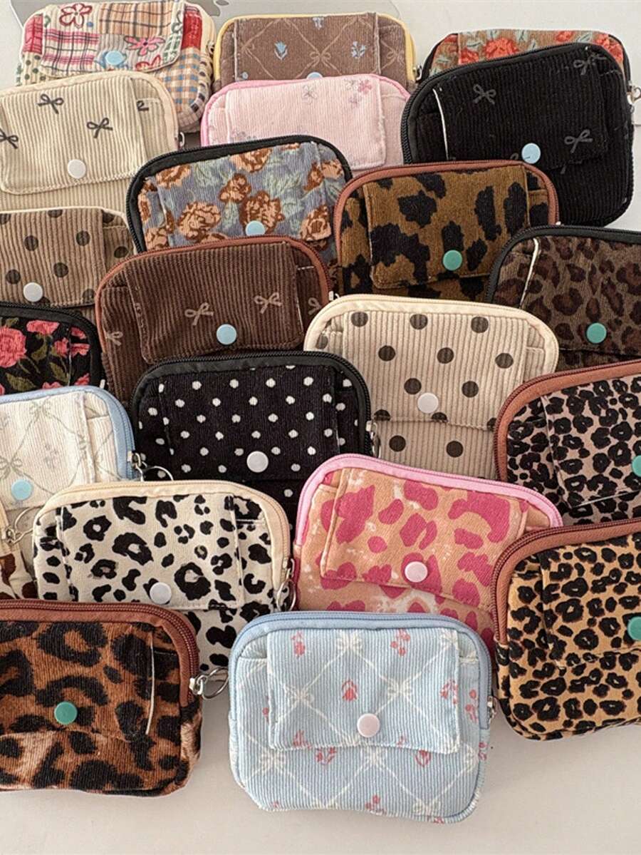Corduroy Flip Cover Card Holder & Coin Purse, Multi-Functional Leopard Print Organizer Pouch Women's Portable Lipstick & Cosmetic Bag - Multicolor - View 1