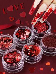 6盒红色心形闪粉美甲用品，激光全息闪粉装饰，美甲DIY，情人节装饰，美甲沙龙设计配件 - 紅色 - 查看 1