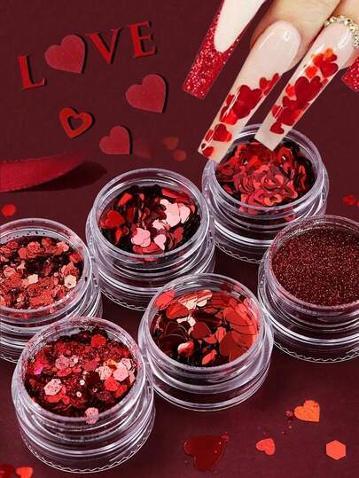 6盒红色心形闪粉美甲用品，激光全息闪粉装饰，美甲DIY，情人节装饰，美甲沙龙设计配件