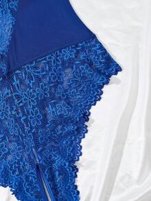 大码女式撞色蕾丝镂空性感吊带背心 - 藍色 - 查看 5