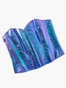 大码全息紫色金属质感PU皮革哑光露脐上衣，Y2K派对夜店装扮 - 紫丁香色 - 查看 4