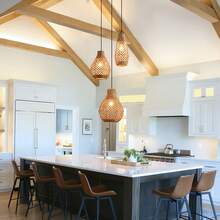 Bohemian Farmhouse Handwoven Rattan 3-Light Pendant Light, Adjustable Hanging Lamp Fixture Suitable For Bedroom, Kitchen, Farmhouse, E27 Bulb Socket, Semi-Flush Mount (Bulbs Not Included)