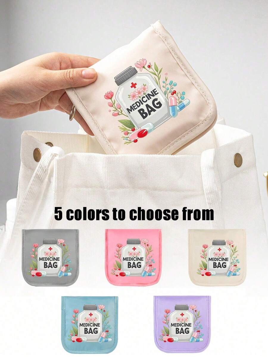1个便携式药袋，小巧药盒兼急救包，药丸和药片图案印花，方便旅行携带，适合日常/户外/旅行用药，是注重健康和经常外出人士的必备医疗配件，多功能布质小药袋 - 彩色 - 查看 1