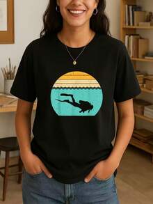 Cool Diving For Men Women Sea Vintage 80s Diver T-Shirt         Women T-Shirt Graphic Tees  Crop Tops  Outfits   Tops T-Shirt - Black - View 1