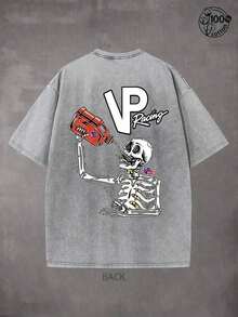 VP Racing Skeleton-Shirts, Eye-Catching Graphic-Shirts, Drifting And Racing Life Clothes Specially Designed Car Lovers; 230G Washed Cotton Double-Sided Printed-Shirt, Mens Clothes, Comfortable And Stylish, Men Gifts,Graphic Tee,Streetwear, Outdoor SportsUnisex Casual-Shirts - 灰色 - 查看 3