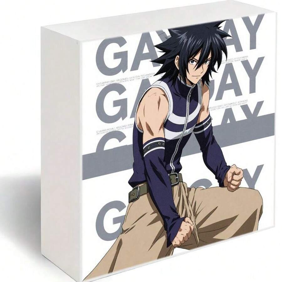 Decorative Wooden Box With Anime-Style Male Character Illustration - Spiky Black Hair, Dark Blue Striped Sleeveless Top, Light Brown Loose Pants - Dynamic Ready Stance Design, White Box With Gray 'GAY' Text Background, Perfect For Anime Fans & Collectors - 白色 - 查看 1