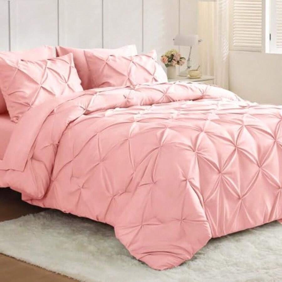 Queen Comforter Set 7 Pieces - Bed In A Bag Queen For All Season Pintuck Bedding Comforter Sets With Comforter Flat Sheet Fitted Sheet And Pillowcases Shams Pink - Hồng - Xem 1