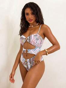 2026新款性感连体泳衣，女士无肩带领口镂空设计，彩色印花，适合度假、海滩、情人节等场合。