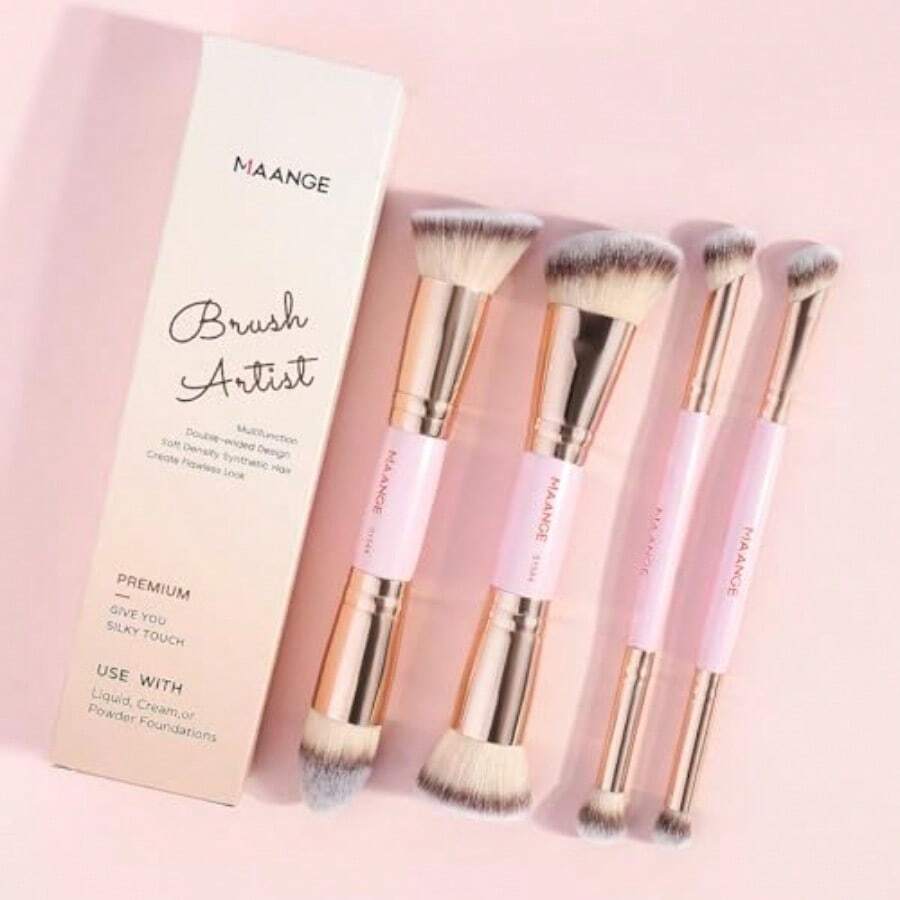 Brochas de 4 Brochas Premium de Doble Punta Plana/Acodada/Redonda Acodada/Cónica para Pulir Líquidos Cremas Polvos Difuminar y Contornear el Rostro(Oro rosa) - oro rosa - Ver 1